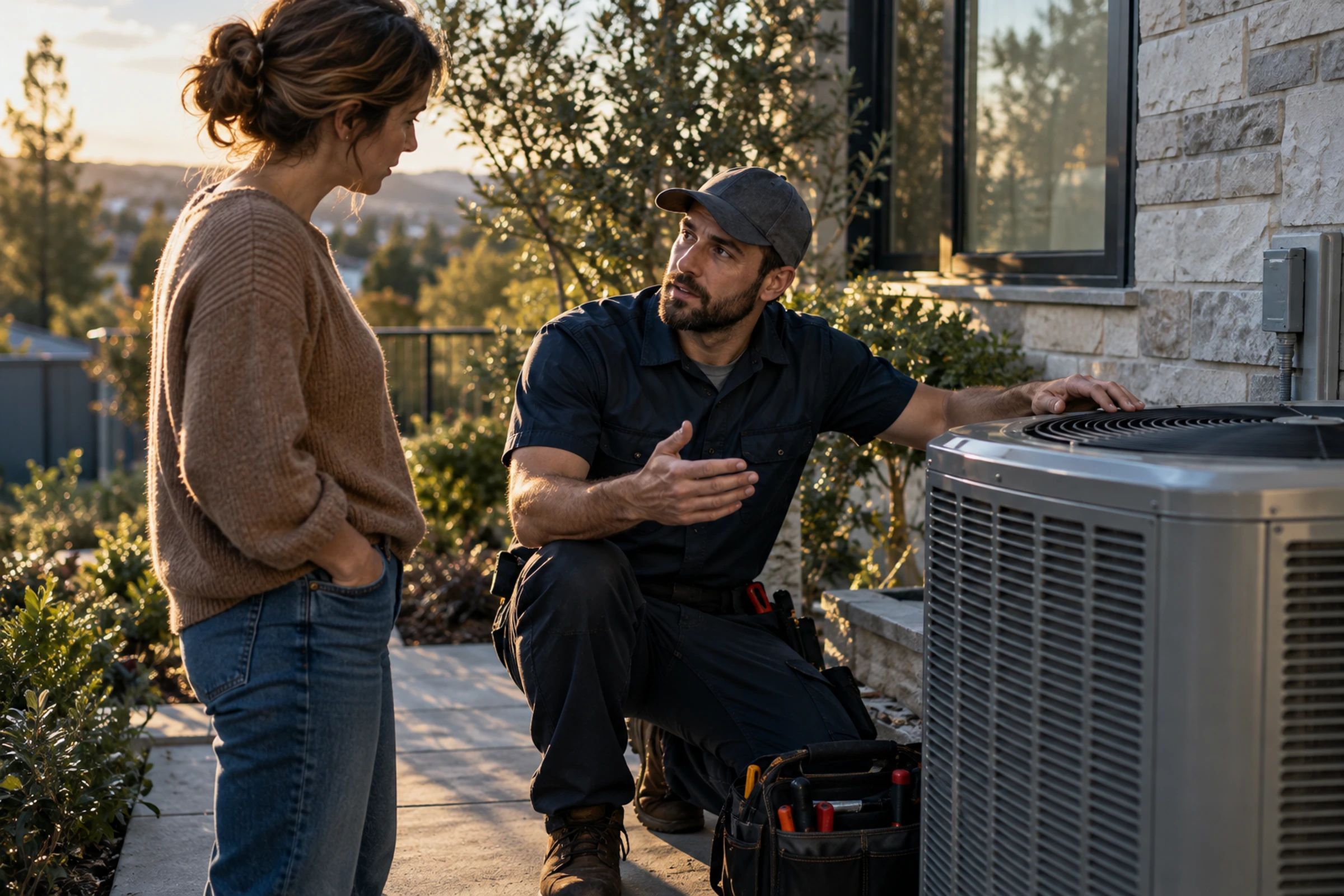 HVAC technician explaining a repair to a homeowner